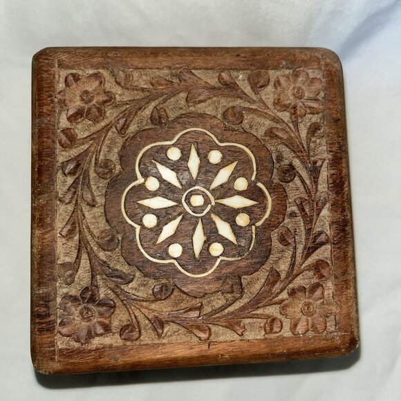 Wooden Other - Vintage Wood Hand Carved Inlay India Sheesham Trinket Jewelry Hinged Box 4 x 4